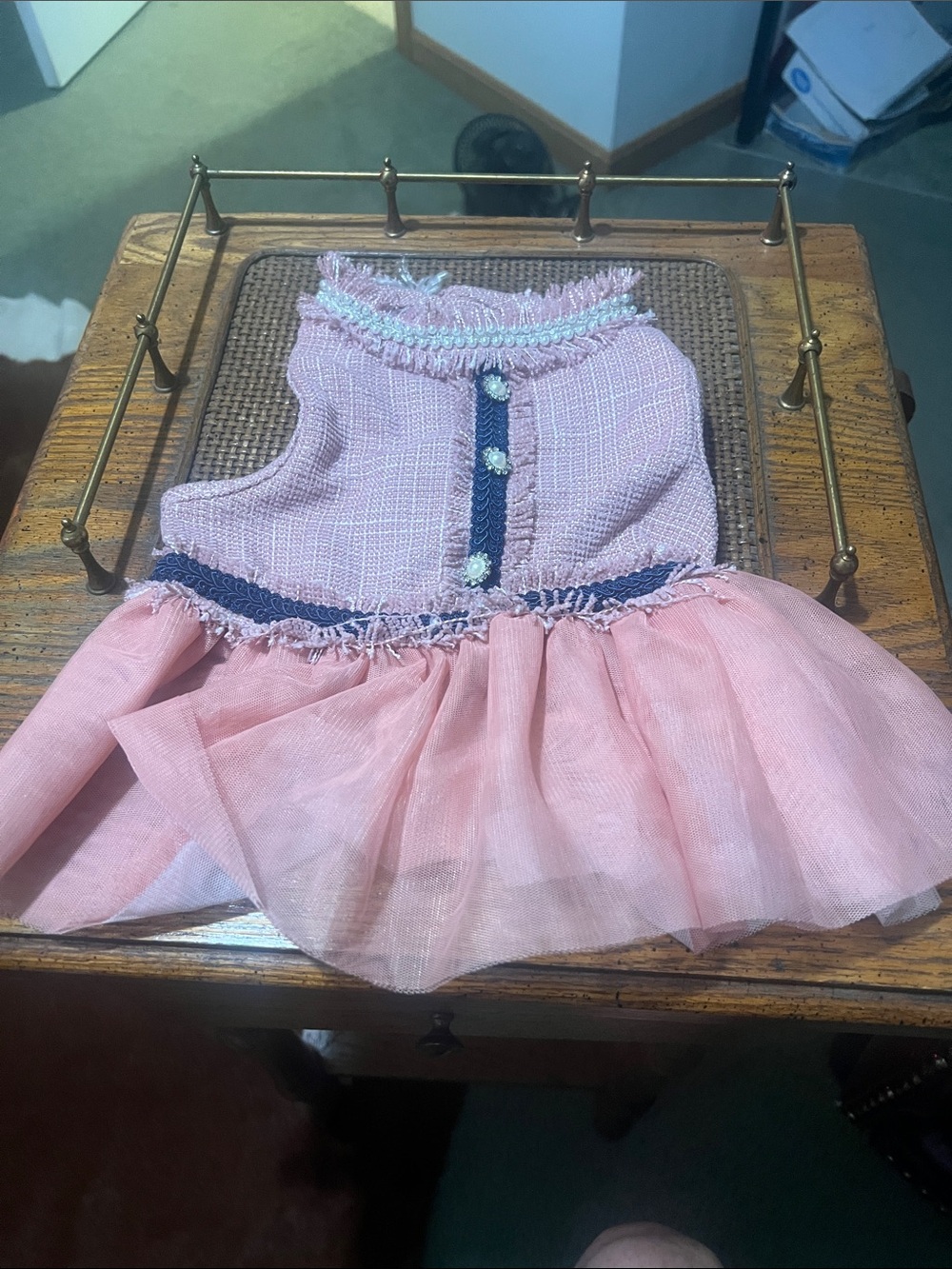 Pink Tweed & Navy Trim Dog Tulle Dress